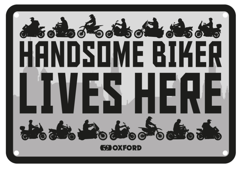 Garage Metal Sign: Handsome Biker Lives Here